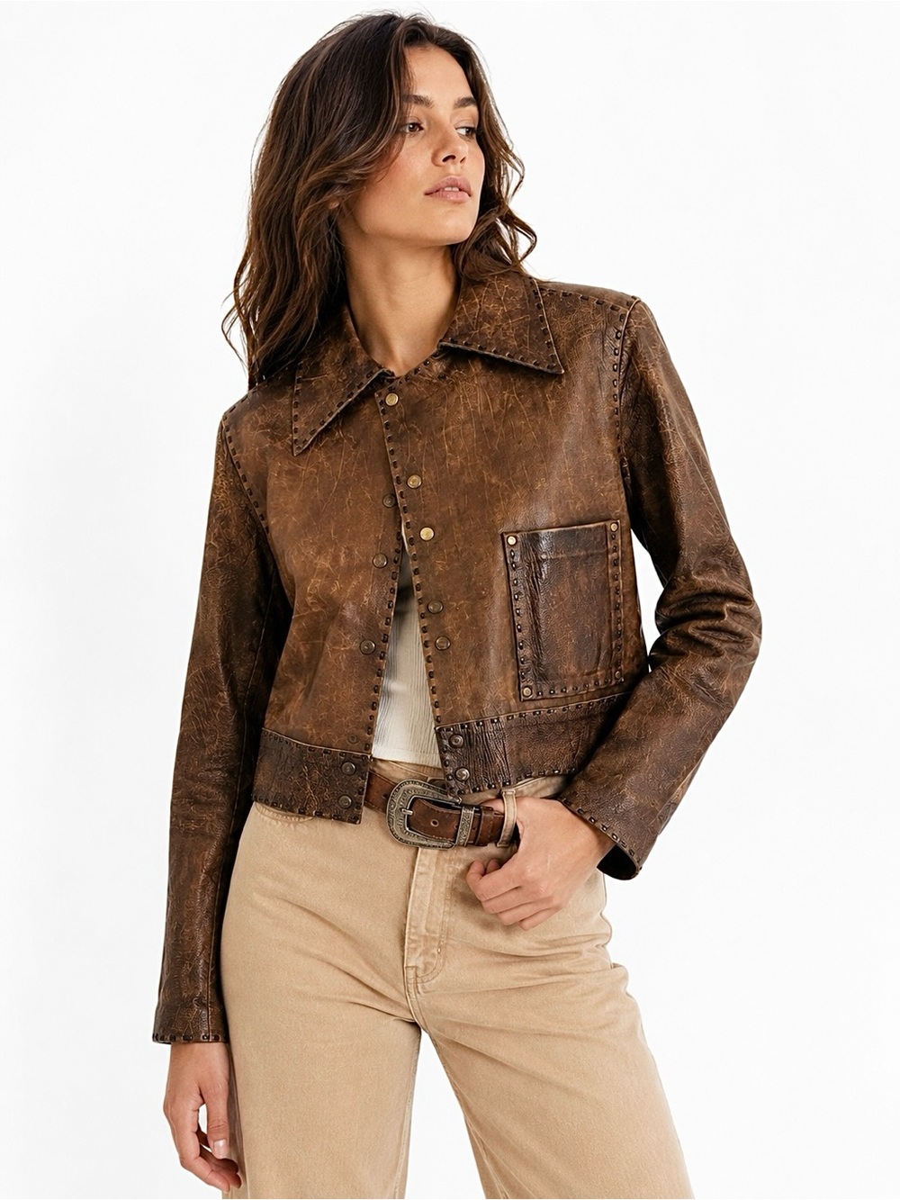 Vintage Brown Leather Cropped Jacket Snap Front Size Small